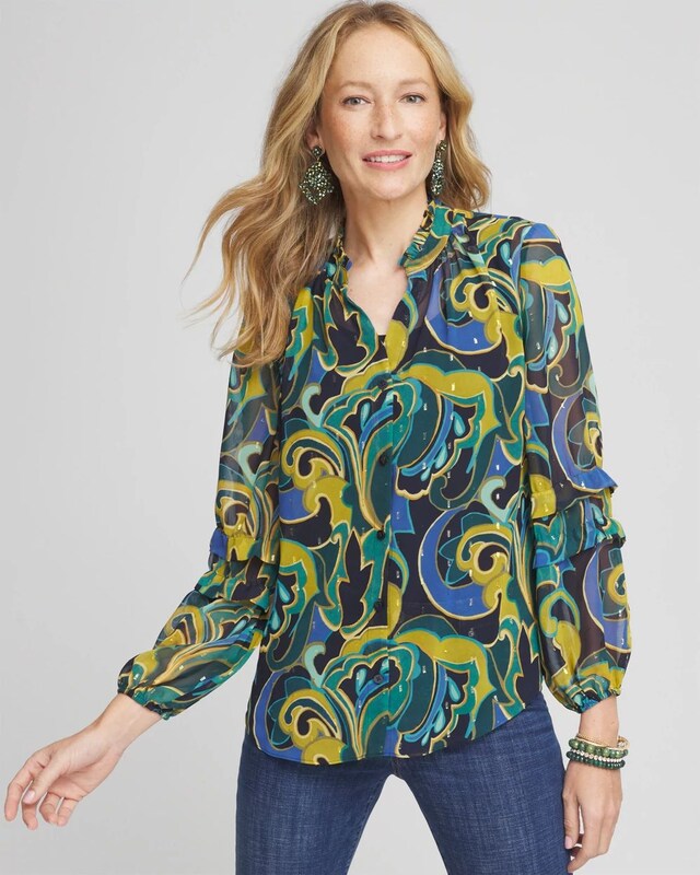 Chiffon Clip Dot Swirl Print Blouse